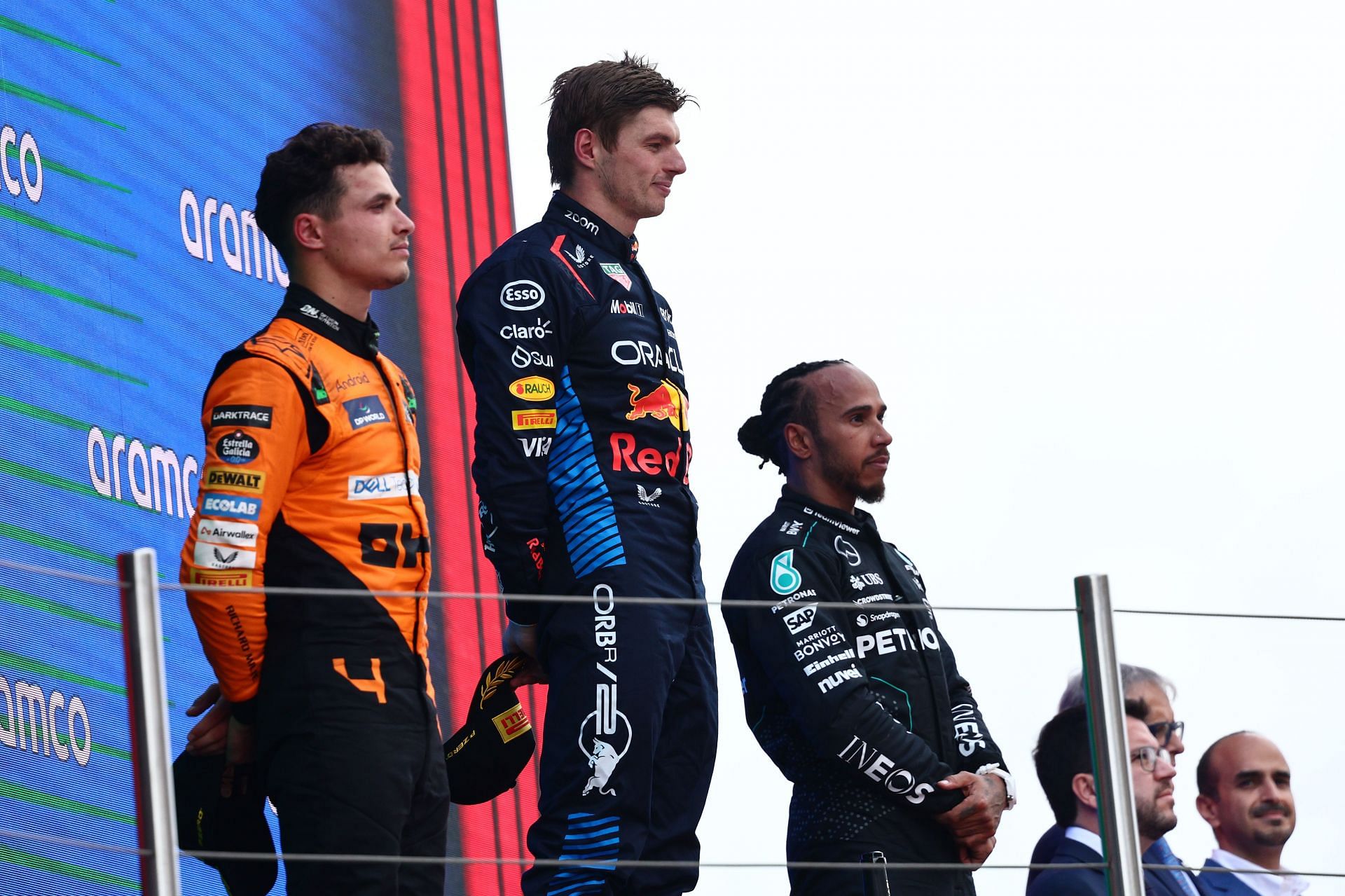 Lando Norris of McLaren, Max Verstappen of Red Bull Racing and Lewis Hamilton of Mercedes at the podium after the Formula 1 Spanish Grand Prix - Source: Getty